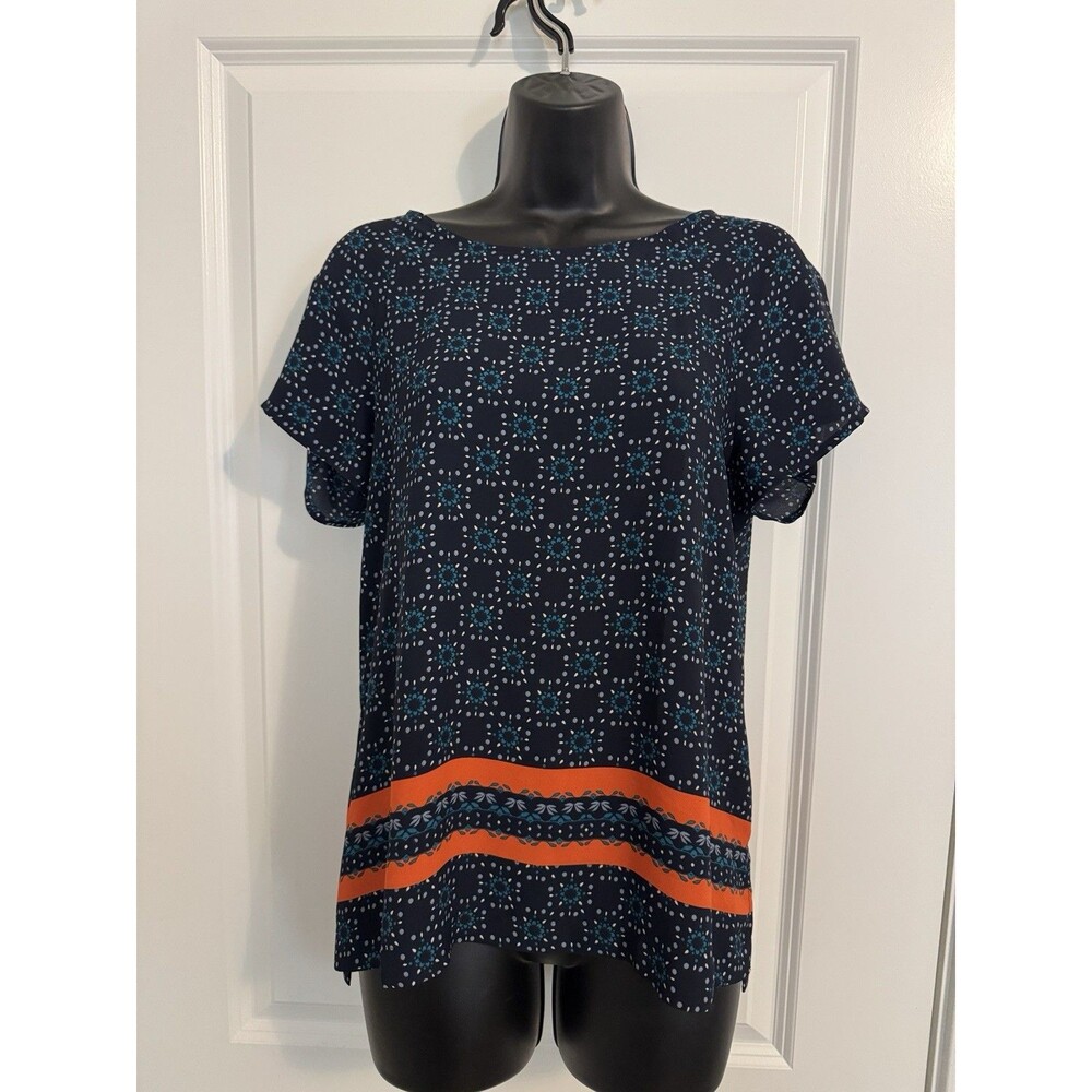 LOFT Navy Geometric Print Round Neck Short Sleeve Pullover Blouse Women’s S